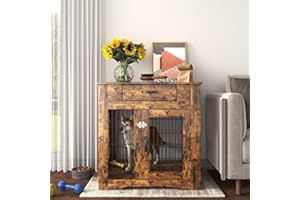 NICBEX Okak Dog Crate Furniture Style Dog Cage Side Table With Drawers Wooden Dog Crate With Double Sliding Iron Doors Dog Kennel Indoor For Small/Medium/Large Dog,Brown,29.92" L