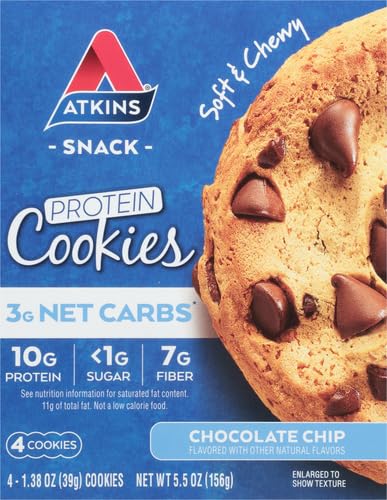 ATKINS CHOCOLATE CHIP PROTEIN COOKIE, PROTEIN DESSERT, RICH IN FIBER, 3G NET CARB, 1G SUGAR, KETO FRIENDLY, 4 COUNT