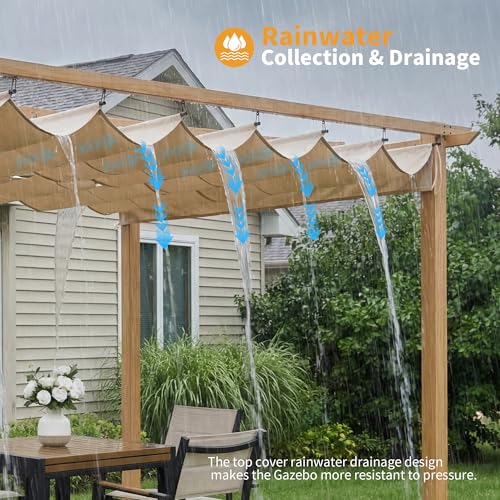 10'x13' Retractable Pergola Canopy, Aluminum Outdoor Patio Gazebo with Adjustable Roof & Sun Shade Canopy, Faux Wood Grain Metal Pergola for Backyard, Deck, Garden, Beige image 28