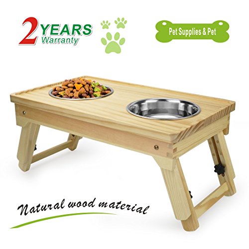 Pet Feeder Wooden Adjustable Elevated Multi-Level Stand Dog/Pet/Cat Feeder with 2 Stainless Steel Bowls by Idepet