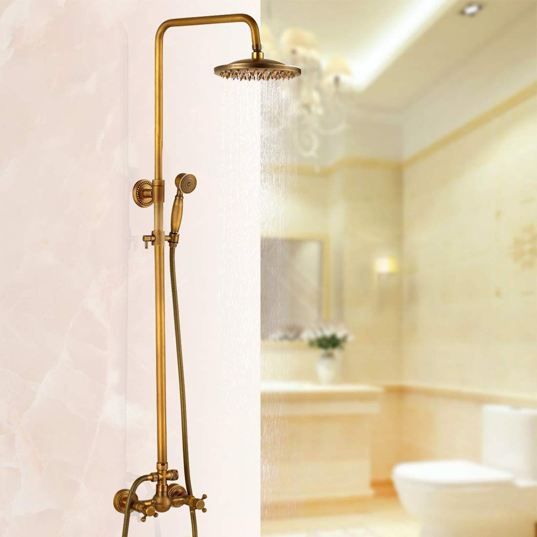 Antique Brass Bathroom Shower Faucet Set Brushed Gold Shower Fixture 8 Inch Rainfall Shower Head Handheld Shower Cross Handle