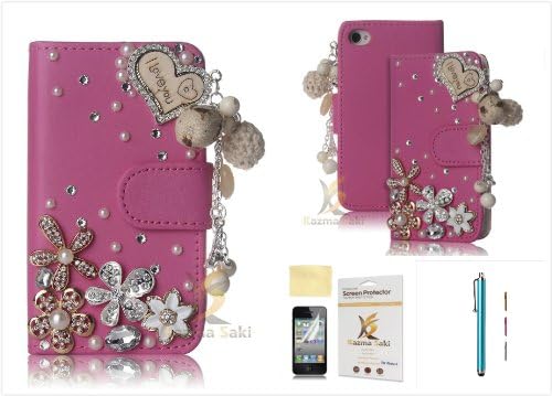 Kazma Saki (TM) 3D I Love You Heart Hot Pink Diamond wallet Girl Design w/Accessories Slot Leather Case Cover For iphone 4, 4S (Fits: Apple iphone 4 / 4S, Package includes: 1 X Kazma Saki Inc Screen Protector, 1 X Touch Stylus Pen).