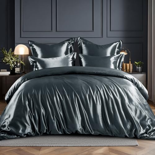 RUIKASI Satin Bettwäsche 220x240 Grau - Seidig Luxus Bettbezug mit Glanz wie Seiden Bettwäsche Set für Haar und Haut, Glänzend Bettwäsche 220x240cm mi
