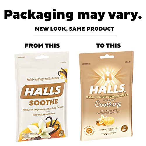 Halls Soothe Honey Vanilla Cough Drops, 12 Bags of 30 Drops (360 Total