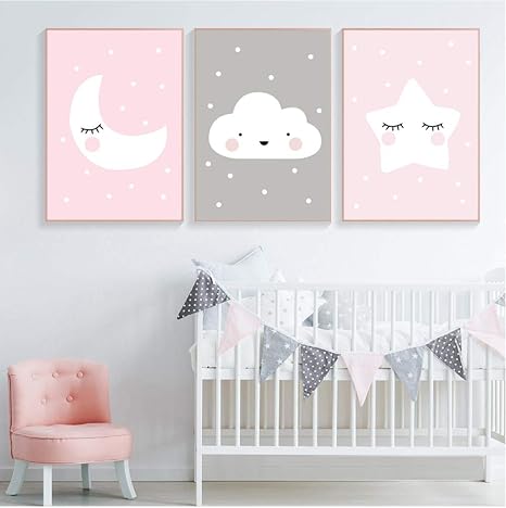 Amazon ピンクムーンクラウドスター保育園の子供ポスターかわいいアート装飾プリント壁画装飾画像北欧キッドベビールームの装飾 50x70cmx3 フレームなし アートフレーム ポスター オンライン通販