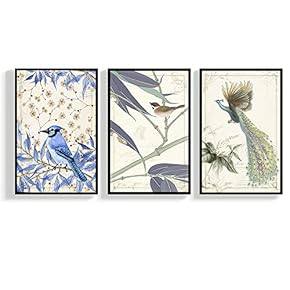 Floating Framed Canvas Wall Art for Living Room, Bedroom Vintage Bird Flower Canvas Prints for Home Decoration Ready to Hang - 16"x24"x3 Panels