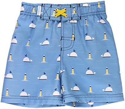 RuggedButts Little Boys Nautical Whales & Lighthouse Light Blue Swim Trunks Adjustable Waist - Blue - 5