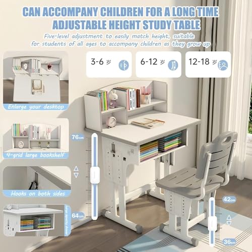 Kids Desk and Chair Set, Height Adjustable Children Study Desk Chair Set, Multi Functional Student Writing Desk Table with Drawer Bookstand, Ergonomic Student Learning Table Desk Chair for Girl Boy