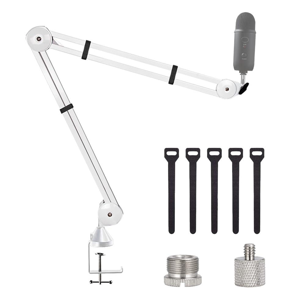 BOMGE BA-02 Microphone Boom Arm Mic Stand Adjustable Clip Studio Suspension Scissor Arm Mount for Blue Snowball, ICE, Blue Yeti,Radio Broadcasting and Game (white),2.75in/7cm