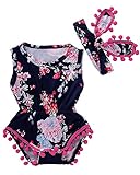 Baby Girls Sleeveless Jumpsuit Floral Flower Tassel Balls Romper+Rabbit Headband