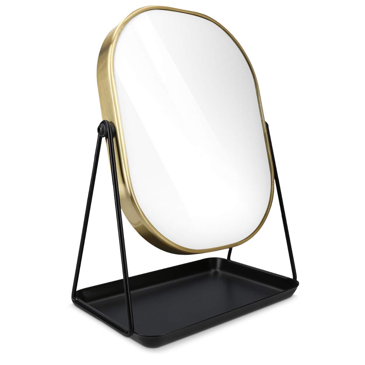 Navaris Free Standing Makeup Mirror - Large Cosmetic Vanity Mirror for Bathroom, Dressing Room, Bedroom Table or Desk with Large Tray Stand - Gold