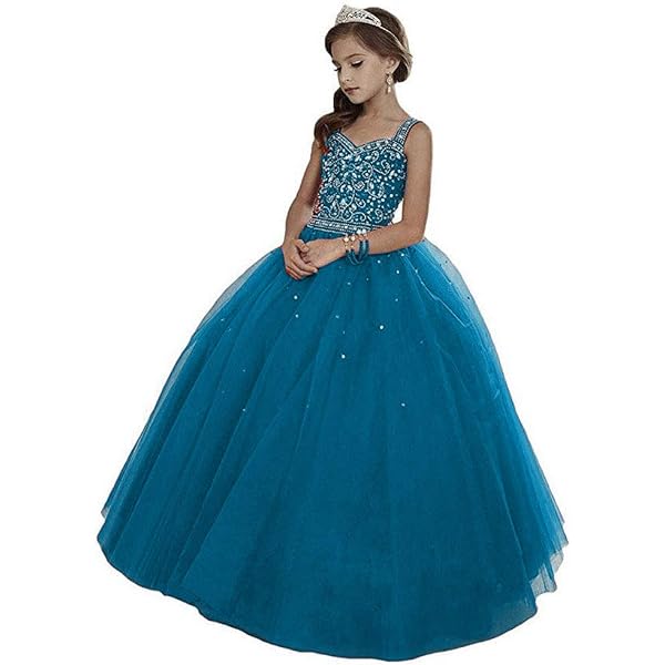 VeraQueen Girls Off Shoulder Pageant Dress - Princess Tulle Gown With Beaded Straps For Birthday Party, Blue
