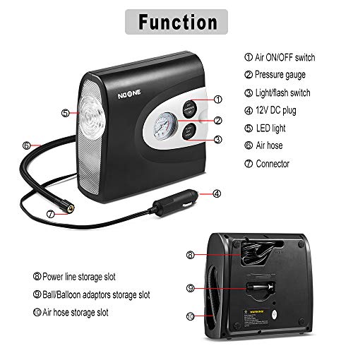 NoOne Air Compressor Pump,12V DC Portable Car Tire inflator Guage with Emergency Led Light for Car/Bicycle/Motorcycle/Ball/Air Matresses 120W 150PSI