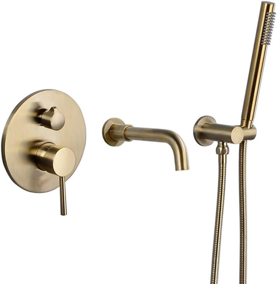 Brushed Gold Wall- Mounted Concealed Set Tub Taps, Bathtub Side Split Type Hot and Cold Water Faucet All Copper Material Pull Hand Shower