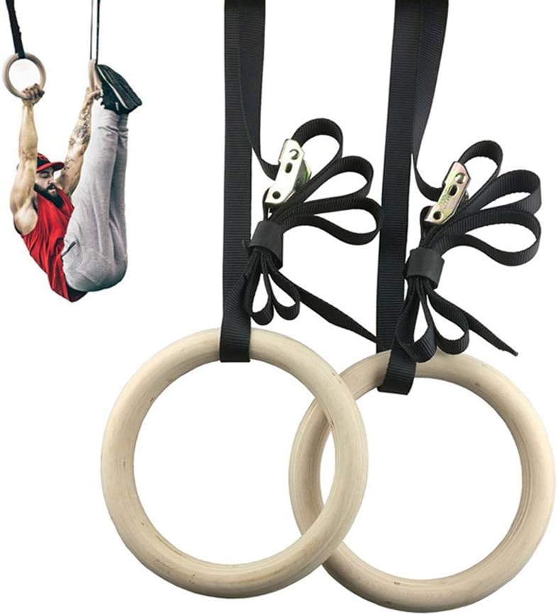 Wood Gymnastics Rings with Adjustable Cam Buckle 15ft Long Straps Exercise Rings Non-Slip for Home Gym Full Body Workout,1 lot 28mm