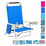 Deluxe 5 Reclining Positions Lay Flat Aluminum Beach Chair with Cup Holder 250 lb Load Capacity