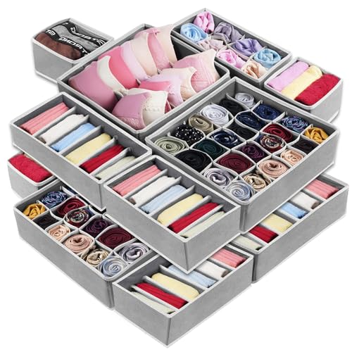 Photo 1 of RFAQK Drawer Organizer for Clothing-Dresser Drawer Organizer for Nursery, Baby Drawer Organizer-Foldable Fabric Drawer Dividers for Bedroom, Organzier Bins for Bra,Sock,Belt,Tie,Shirt (Grey-14 pcs)