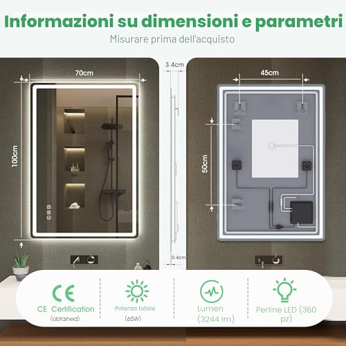 S'bagno Bluetooth-Mirror-Bathroom-with-Light-LED-100 x 70 cm, Mirror-Bathroom-LED-Anti-Fog, 3000K-6500K, Dimmable, Memory, Tempered Glass HD, IP44-Mirror-Backlit-Bathroom, Horizontal/Vertical