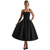 Sougoue Satin Midi Prom Dresses for Women 2025 Pleated A Line Sleeveless Formal Evening Gowns with Pockets
