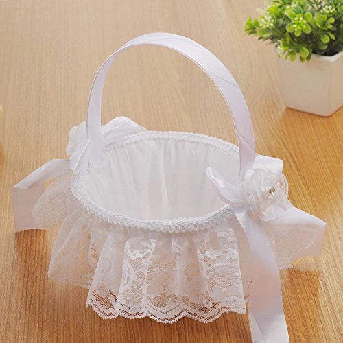 Biback Wedding Flower Girl Basket Rosette Lace Bowknot Rhinstone Satin Wedding Petal Baskets with Ribbon