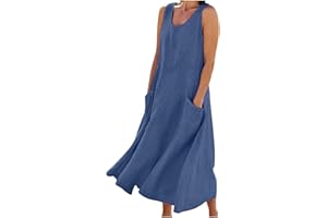 Olivcker Linen Dresses for Women 2024 Casual Sleeveless Flowy Maxi Dress Beach Tank Sundresses Long Summer Dress with Pockets