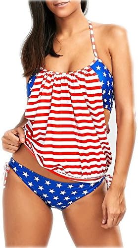 DONA American Flag Bikini,Womens Stripes Tankini Swimwear American USA Flag Push up 2 Pcs Bikini Swimsuits for Womens 2XL Size12-14