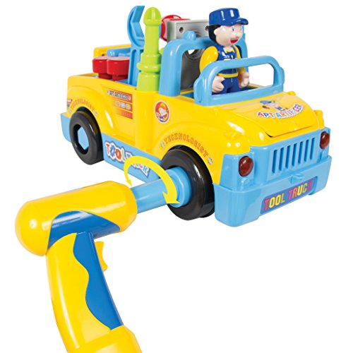 Multifunctional Toy Tool Truck With Electric Drill and Various Tools, Lights and Music, Bump and Go Action