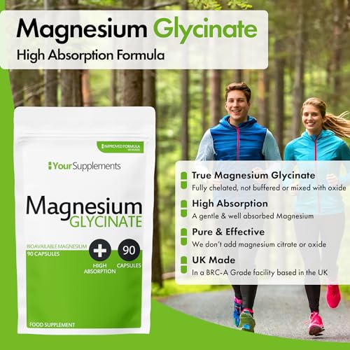 Magnesium Glycinate by Your Supplements | UK Made | True Unblended Bisglycinate | 90 High Absorption Capsules | Suitable for Vegetarians & Vegans