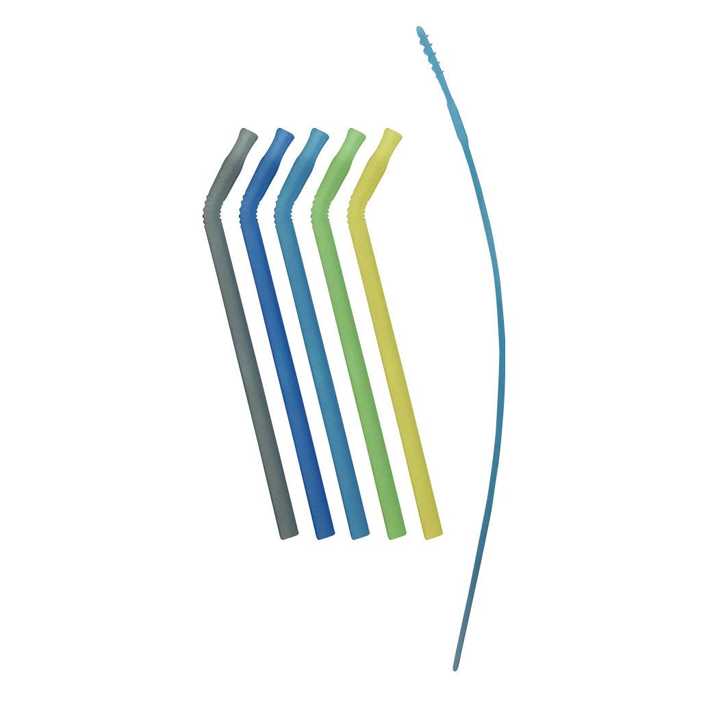b.box Silicone Straw 5 Pack, Flexible Angled Reusable Drinking Straws with Cleaner Set, Dishwasher Safe, Kid Friendly, Semi-Translucent, Suitable for Warm or Cool Liquids
