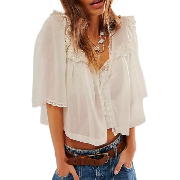 韓国 ounce / Low lace blouse Women Sexy V-Neck Chiffon Shirt Sheer 3/4 Sleeve Blouse Y2k
