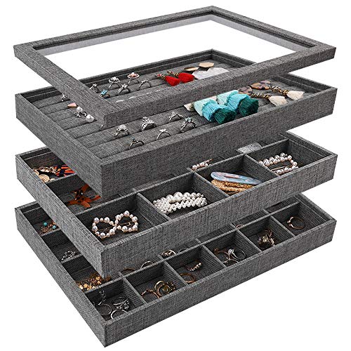 Mebbay Sackcloth Stackable Jewelry Trays Organizer Set with Clear Lid, Jewelry Storage Display Trays for Drawer, Earring Necklace Bracelet Ring Organizer - Set of 4 (Grey-Black) - Thumbnail 7