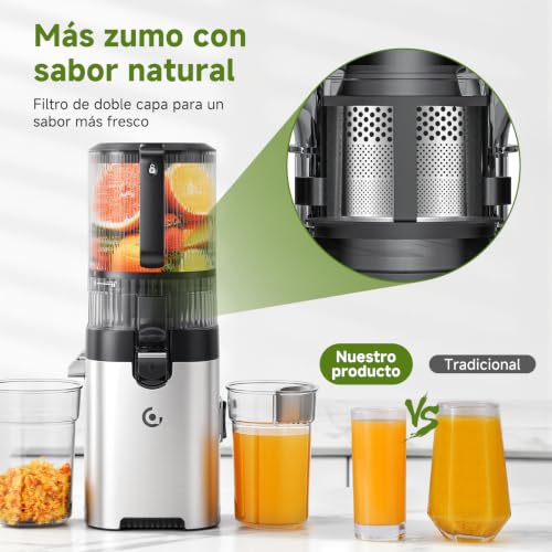 AMZCHEF Juice Extractor, Slow Juicer with XL Opening of 158MM, Capacity of 2.5L, Cold Pressed Blender for Whole Fruits and Vegetables, Stainless Body, Easy Assembly and Cleaning, Silver/Black