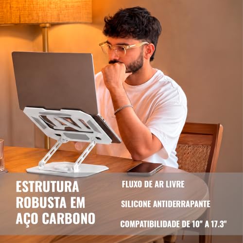 Suporte para Notebook e Laptop de até 17" MTS, Tablets e Celulares, Aço Carbono, Ajustável, Dobrável, Base Giratória 360° e Aberto para Ventilação, Suporta até 10kgs, Ergonômico Portátil (Branco)