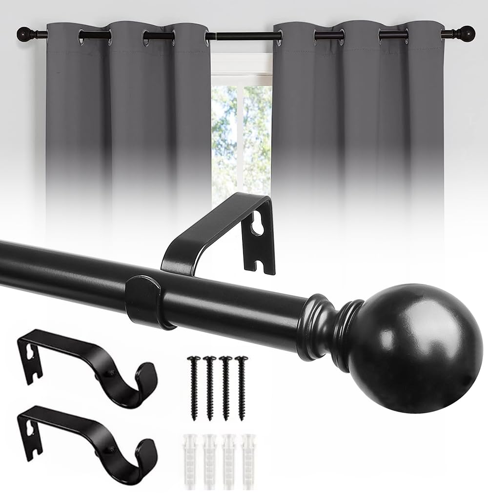 KINGSOW Black Extendable Curtain Poles: 120-210cm Adjustable Poles Single Curtain Rod for Medium Window for Bedrooms