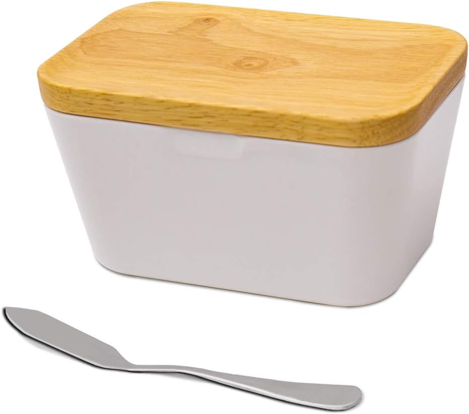 Butter Dish - HIFEOS Large Butter Keeper, 500ml White Container with Sealed Wooden Lid & Seal Ring - Bonus a Stainless Steel Butter Knife