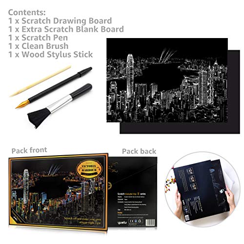 Scratch Art Rainbow Painting Paper, Sketch Pad DIY Night View Scratchboard for Kids & Adults, Engraving Art & Craft Set, Scratch Painting Creative Gift, 16'' x 11.2'' with 3 Tools (Victoria Harbour)