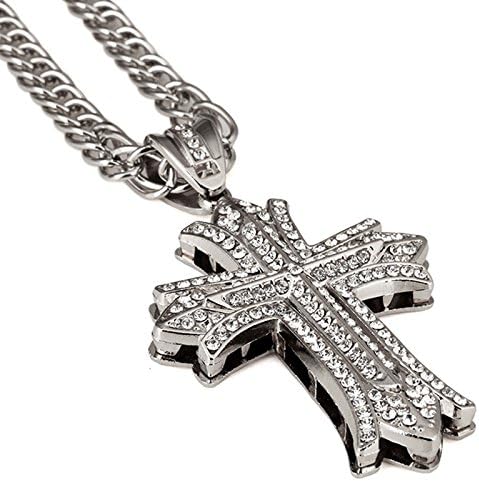 Eamaott Men Hip Hop Long Sweater Chain Cross Rhinestone Alloy Pendant Necklace Silver