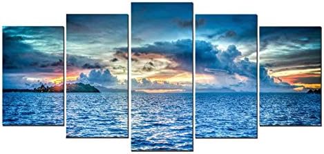 Heronear Art - Canvas Print the Sunset Blue Sea 5 Panels Modern Canvas Wall Art for Home Decoration with Framed