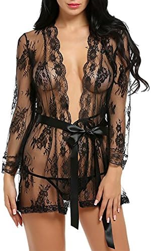 Charmiral Women Lingerie Lace See-Through Mesh Kimono Mini Skirt Outfit Sexy Bodysuit W V-String-Black