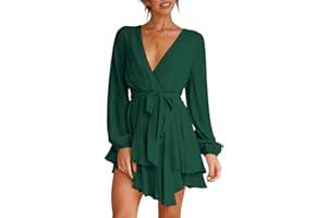 Cosonsen Women's Dress Deep V-Neck Long Sleeve Waist Tie Ruffle Mini Swing Skater Dresses
