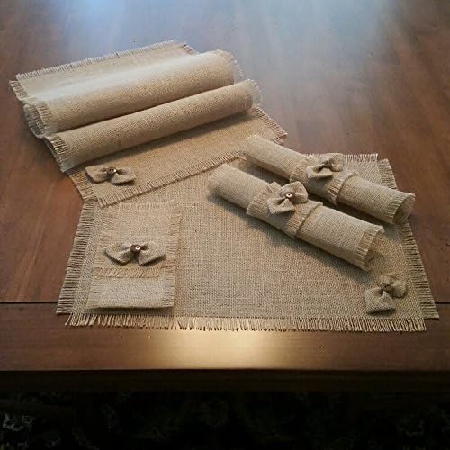 Burlap Shabby Chic Table Runners, Placemats, Silverware Holders, Napkin Rings or Decorative Napkins with Handmade Bow-tie Accent (Set of 4 or 6)