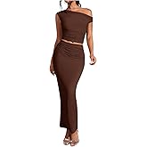 WDIRARA Women's Solid Asymmetrical Neck Two Piece Set One Shoulder Bodycon Maxi Skirt Set