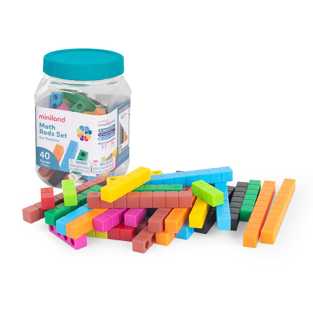 Miniland Multicolour Math Rods Set for initiation to mathematical logic. Made in Spain. Includes 4 sets from 1 to 10 based on the Cuisenaire method.