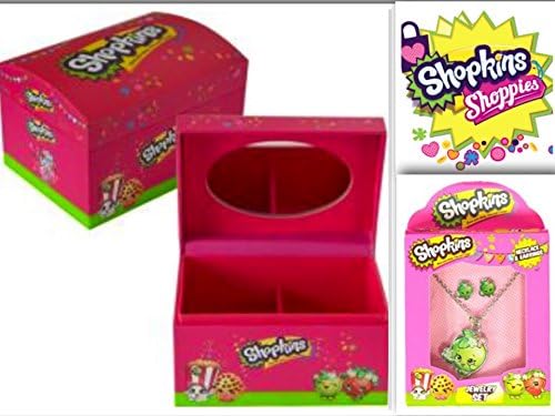 Adorable Shopkins Fashionista Jewelry &amp; Accessory Bundle: 2 Items- 1 Adorable Small Pink Jewelry Box With Mirror &amp; 2 Compartments &amp; 1 Jewelry Set (Necklace &amp; Earrings) - GREEN APPLE