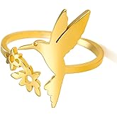 TEAMER Hummingbird Flower Open Ring Stainless Steel Adjustable Dainty Bird Flower Ring Hollow Animal Jewelry for Women