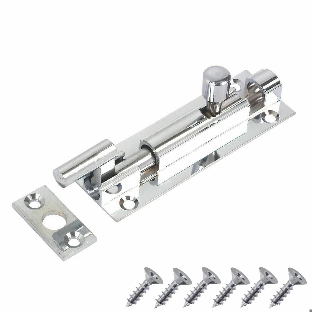 Polished Chrome Door Bolts Naked Door Bolts 75mm Door Latch with Screws Tower Bolt Locks for Bedroom Bathroom Toilet Shed Gate Cupboards and Cabinets Pack of 1.