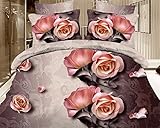 Hmlover Flower Print 3D Polyester Bedding Sets Duvet Cover Sets 4 Pcs, 1 Duvet Cover, 1 Bedsheet, 2 Pillowcases, Romantic Rose Pink