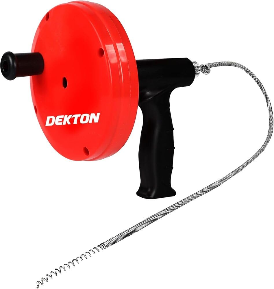 Dekton Sink & Drain Unblocker 6m X 6mm- Extendable, Flexible Hand-fed Spiral Rod| Removes Stubborn Blockages and Clears Drains| Circular Storage Drum| Ergonomic Pistol| Spiral Rod With Corkscrew Tip