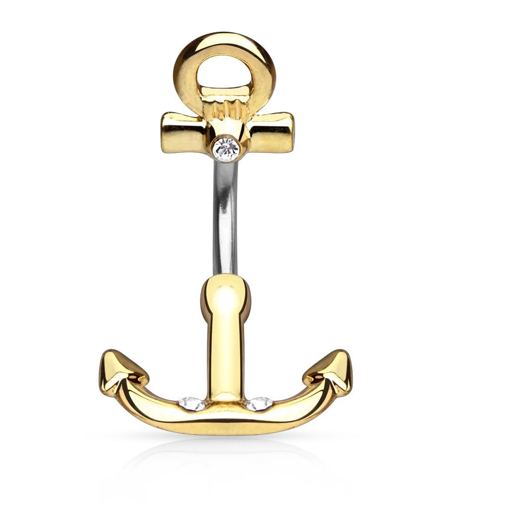 PiercedOff 316L Surgical Steel IP Gold Tone Externally Threaded Anchor Belly Bar - Thickness 14GA(1.6mm) / Length 10mm / Top 8.5mm / Bottom 15mm x 13mm