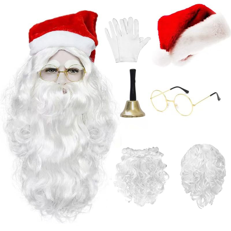 SURPZON Santa Hats Santa Beard and Santa Wig Bell Glasses Christmas Decorations Xmas Hat Beard and Wig Set for Adults Family Party Gifts Fancy Novelty Costume